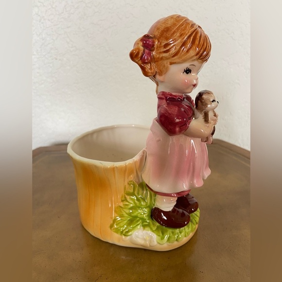 Vintage Adorable LEFTON Planter Vase Girl Holding Cat Ceramic RARE - Picture 2 of 11